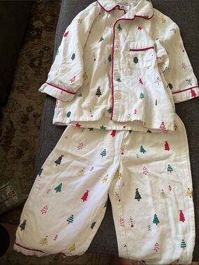 Kids White Holiday Tree Pajama Set with Red Piping